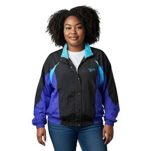 Vintage Reebok Jacket Womens Large Black Purple Blue Windbreaker 90s Track Coat